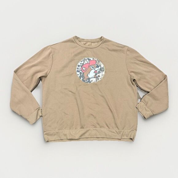 Buc-ees Sweatshirt Womens Tan Brown Leopard Fleece Beaver Pullover Crewneck L - Picture 1 of 4